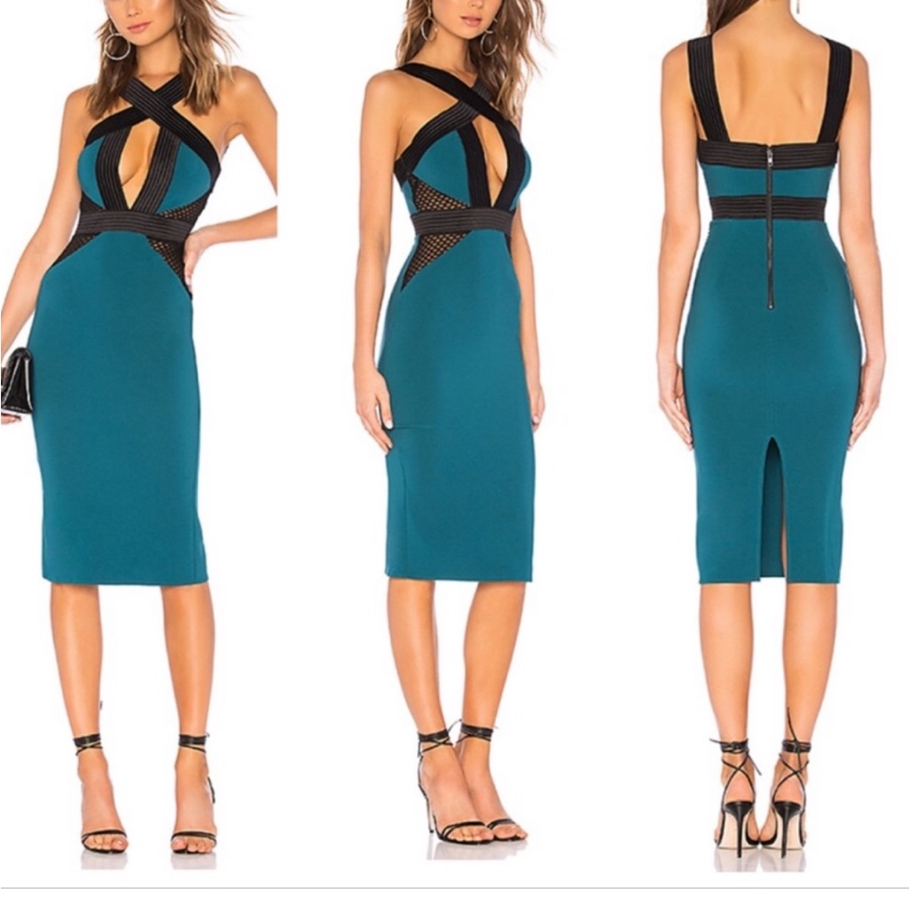 Michael Costello Teal Midi Dress With Black Strappy Accents